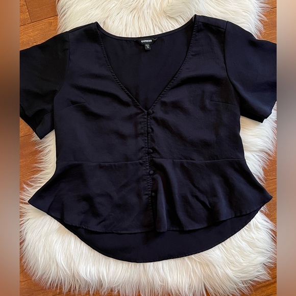 Express Button Front Flutter Sleeve Navy Blue Peplum Top-Size XS - Picture 4 of 8
